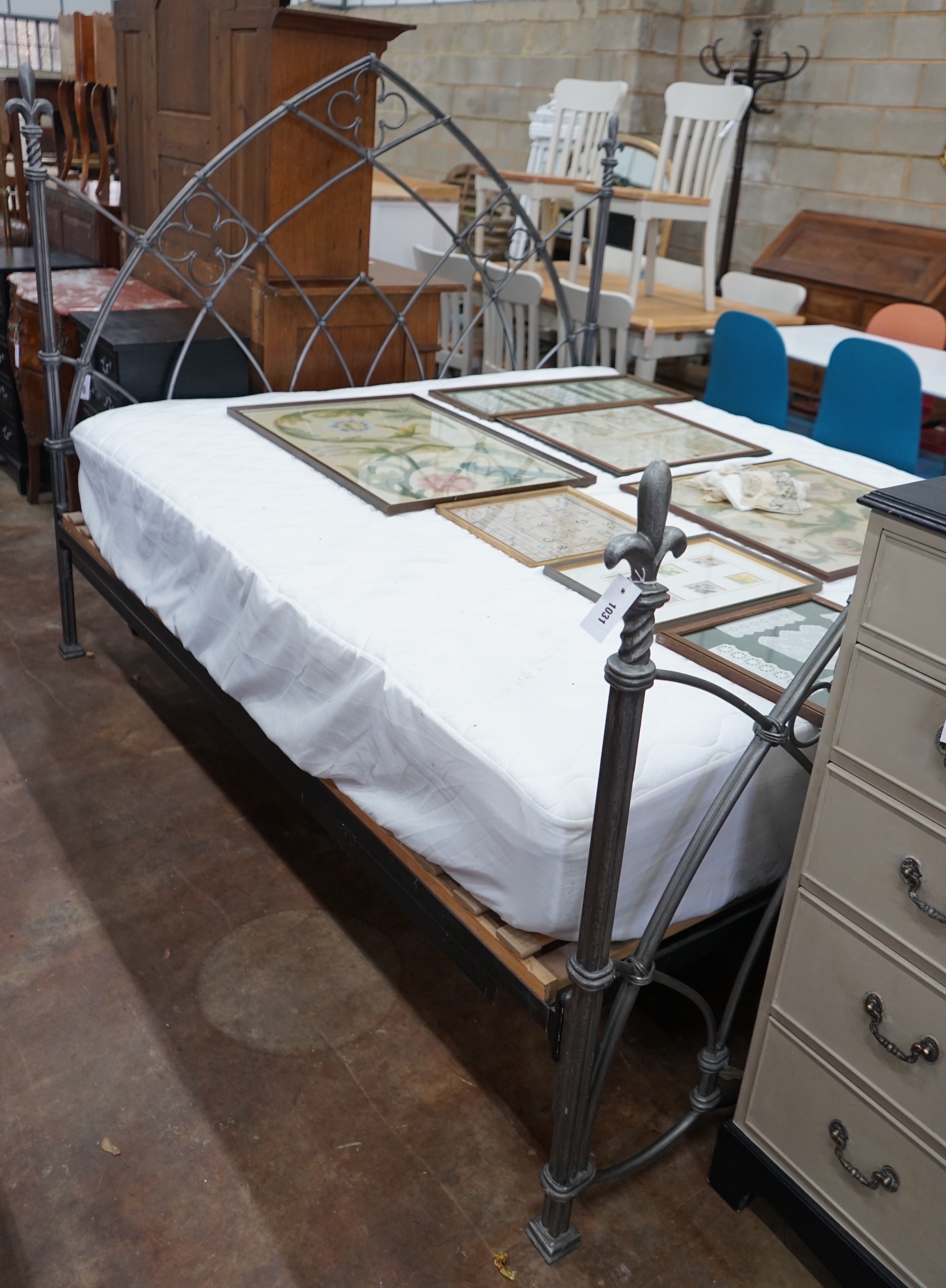 A Gothic style wrought iron Super Kingsize bedstead with 2021 Emma mattress, width 180cm, length 210cm, height 159cm